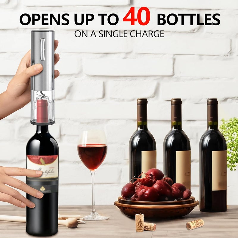 BGM.FOX Electric Wine Opener, Rechargeable Automatic Wine Bottle Opener with Foil Cutter, Wine Stopper, LED Light, Type-C Charging Wine Corkscrew for Home Party Wedding, Stainless Steel - Image 5